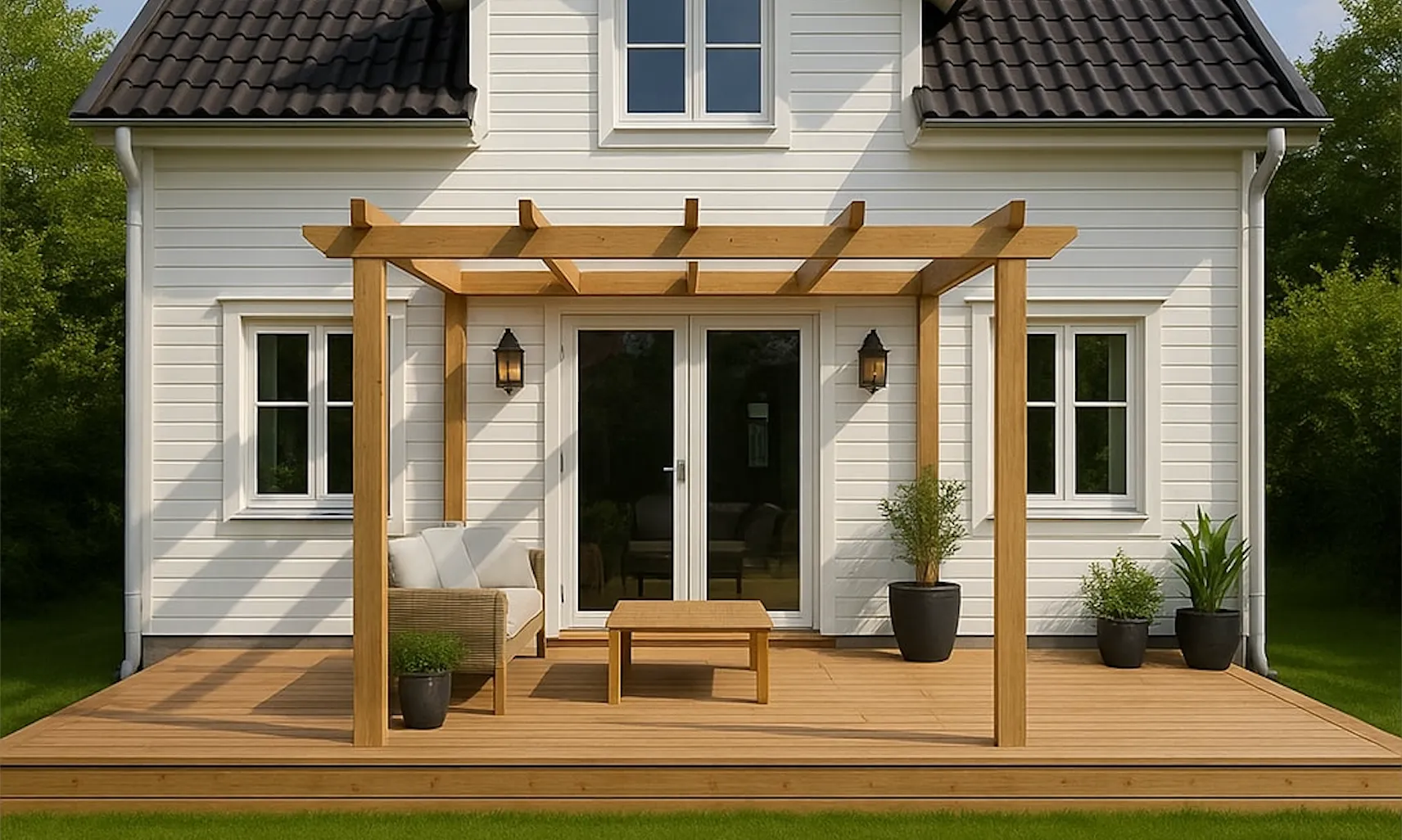 AI-gerð mynd af palli við hús