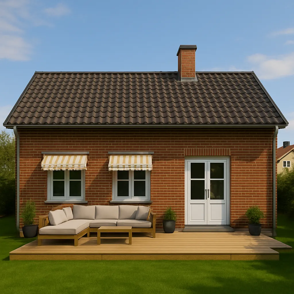 Múrsteinshús með palli og setustofu