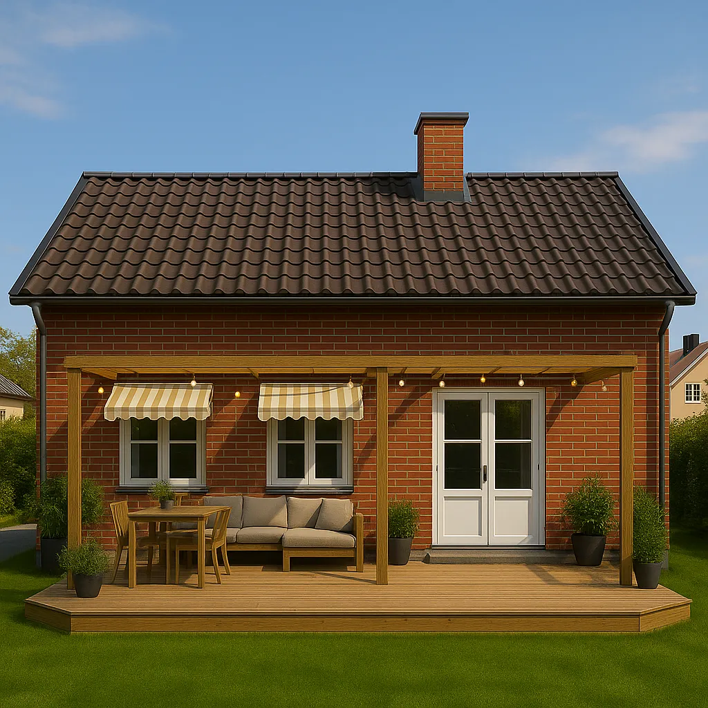 Múrsteinshús með palli og pergólu