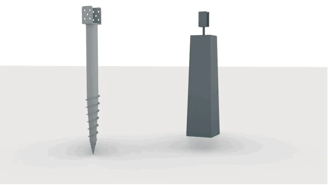Hreyfimynd af uppsetningu jarðskrúfa og súlna sem undirstöður fyrir pall.