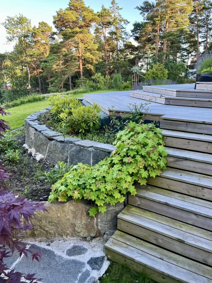 Pallur með steinvegg sem plönturými